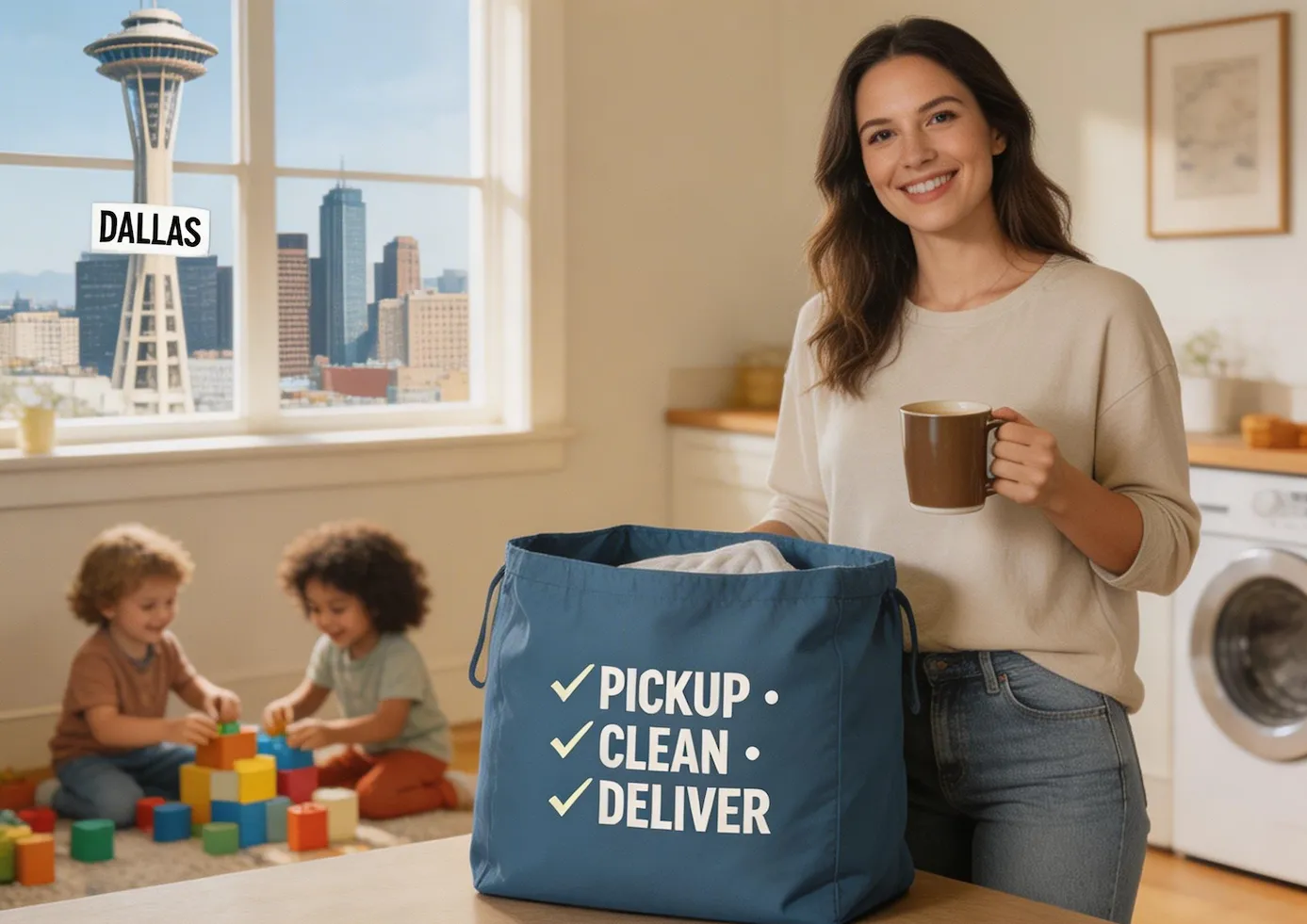 Busy mom in Dallas enjoying coffee while laundry pickup and delivery handles the rest
