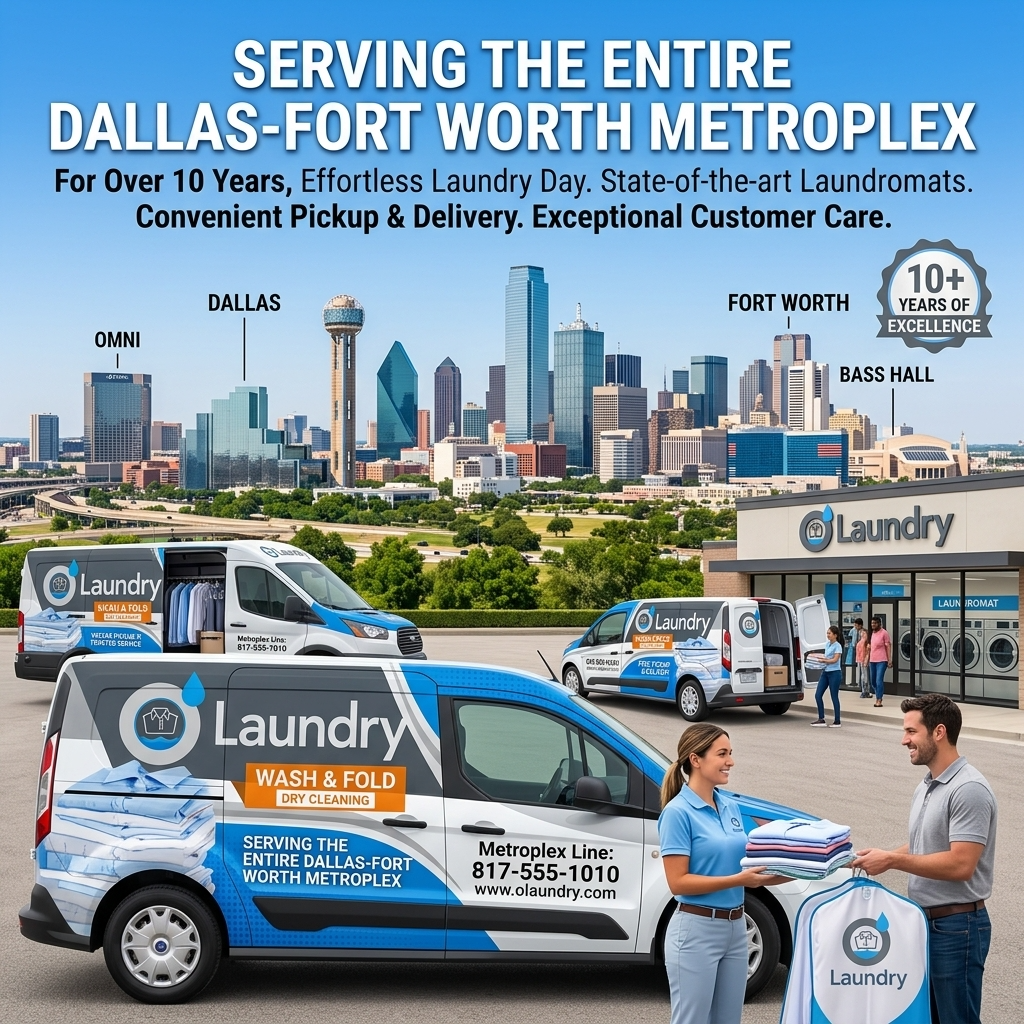 O Laundry service area covering Dallas, Arlington, and Fort Worth Texas